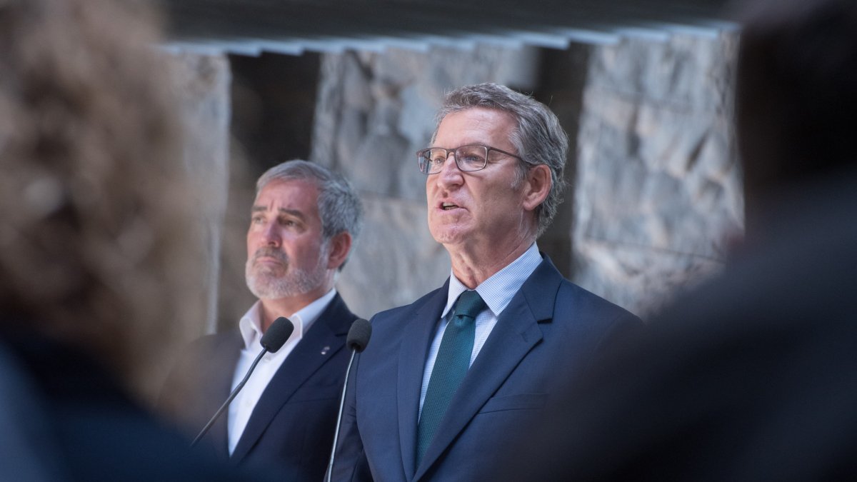 El presidente del PP, Alberto Núñez Feijóo, y detrás el presidente de Canarias, Fernando Clavijo.