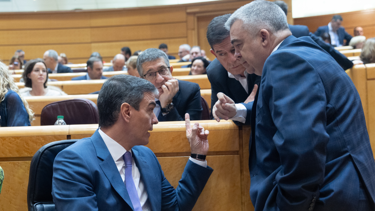 Pedro Sánchez conversa con Santos Cerdán, entre otros, en el Senado.