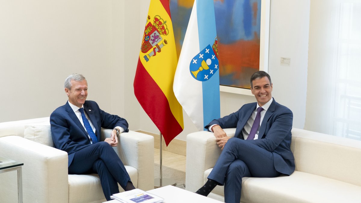 El presidente de la Xunta de Galicia, Alfonso Rueda y el presidente del Gobierno, Pedro Sánchez durante su reunión en La Moncloa.