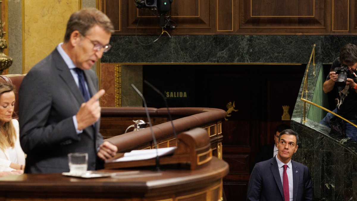 El líder del PP, Alberto Núñez Feijóo, interviene mientras Pedro Sánchez acude a su sitio en el Congreso.