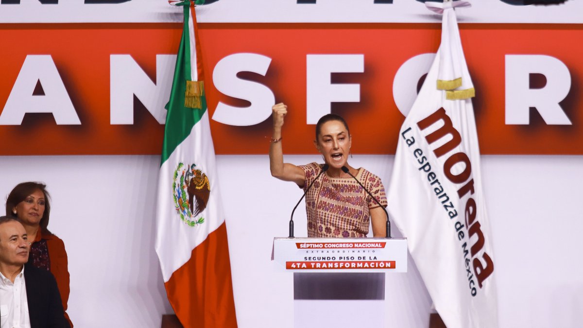 Mexico’s President-elect Claudia Sheinbaum Pardo  speaking  during the Installation of the VII Extraordinary National Congress of MORENA, at the World Trade Center (WTC). on September 22, 2024 in Mexico City, Mexico.