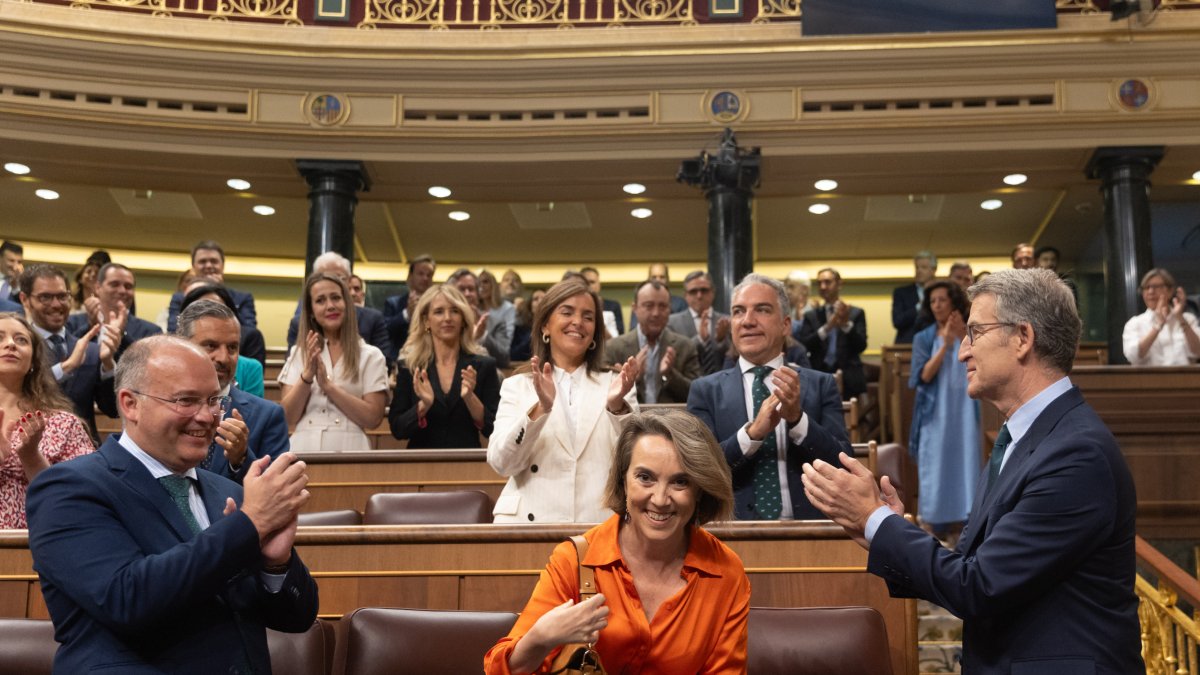 La bancada del PP aplaude a Alberto Núñez Feijóo tras una de sus intervenciones en el Congreso.