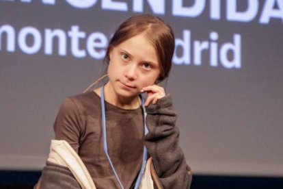 Greta Thunberg, en su multitudinaria rueda de prensa en Madrid.