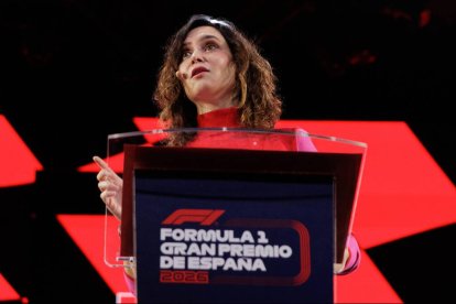 La presidenta de la Comunidad de Madrid, Isabel Díaz Ayuso, durante la presentación del Gran Premio de Madrid del Mundial de Fórmula 1.