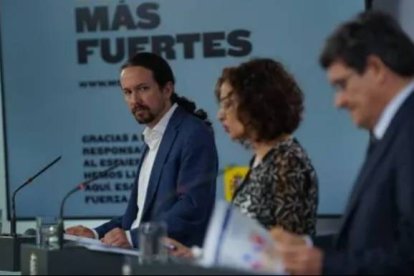 Iglesias, Montero y Escrivá, en una comparecencia en Moncloa.