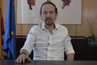 Iglesias en su vídeo electoral de este lunes en la sede de la Vicepresidencia que denuncia el PP.