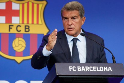 Joan Laporta, en la rueda de prensa de este mediodía.