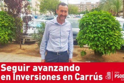 Cartel del alcalde de Elche, Carlos González, prometiendo inversiones en Carrús en 2019