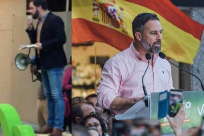 Abascal en el mitin de este viernes y en 2015 en la misma calle