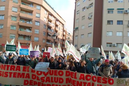 Concentración de personas dependientes y empresas gestoras de las viviendas tuteladas frente a la Conselleria de Igualdad.