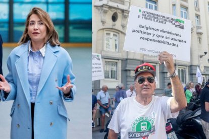 La ministra de Transportes, Raquel Sánchez, y un manifestante durante una concentración para exigir un tren digno para Extremadura.