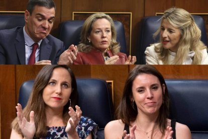 El presidente del Gobierno, Pedro Sánchez, y las ministras Nadia Calviño (Economía), Yolanda Díaz (Trabajo), Ione Belarra (Derechos Sociales) e Irene Montero (Igualdad)