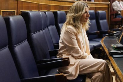 Yolanda Díaz, en su escaño del Congreso de los Diputados.