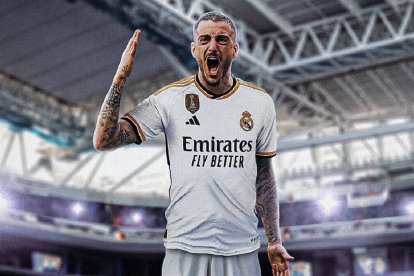 Joselu, vestido de blanco, en una recreación realizada por la cuenta oficial del Real Madrid.