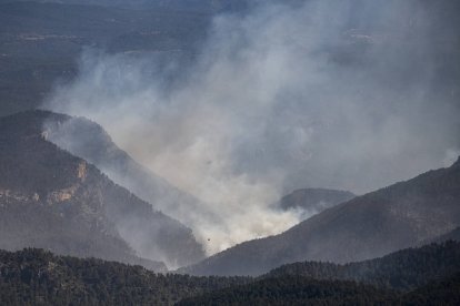 Columnas de humo en el barranco de la Maigmona, donde está ahora el foco más peligroso del incendio forestal