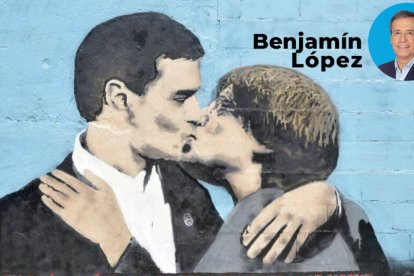 Vista del la pintura de Pedro Sánchez y Carles Puigdemont, dándose un beso en el mural del artista urbano TVBoy en Barcelona