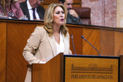 La consejera de Economía, Hacienda y Fondos Europeos de la Junta, Carolina España Reina, durante su intervención en el pleno del Parlamento andaluz.