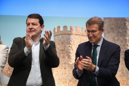 El presidente de la Junta de Castilla y León, Alfonso Fernández Mañueco (i) y el presidente del PP, Alberto Núñez Feijóo (d).