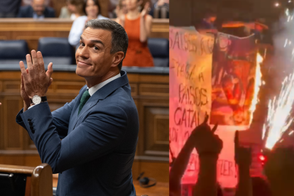 El presidente del Gobierno, Pedro Sánchez y el momento en el que se quema una imagen de Felipe V con la cara de Carlos Mazón.