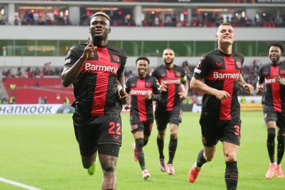 Boniface celebra un gol con el Bayer Leverkusen.