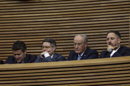 El líder de Vox, Santiago Abascal viendo la investidura de Carlos Mazón el 26 de junio de 2023 en Les Corts Valencianes.