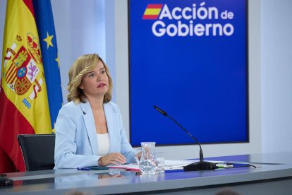 La ministra Portavoz y de Educación y Deporte, Pilar Alegría, durante la rueda de prensa posterior al Consejo de Ministros.