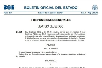 Publicación en el BOE de la ley que beneficia a etarras

REMITIDA / HANDOUT por BOE
Fotografía remitida a medios de comunicación exclusivamente para ilustrar la noticia a la que hace referencia la imagen, y citando la procedencia de la imagen en la firma
19/10/2024