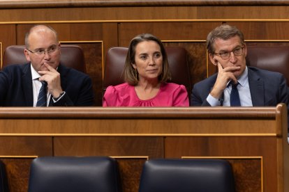 El portavoz del PP en el Congreso, Miguel Tellado; la secretaria general del PP, Cuca Gamarra, y el presidente del PP, Alberto Núñez Feijóo.