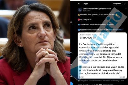 La ministra Teresa Ribera y el mensaje en el califica de bulo el desembalse de Forata.