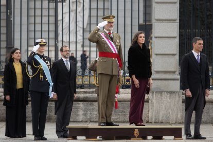 La princesa Leonor, el Rey Felipe VI, la Reina Letizia y el presidente del Gobierno, Pedro Sánchez, durante la Pascua Militar, en el Palacio Real, a 6 de enero de 2025