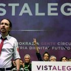 Pablo Iglesias, triunfante, tras derrotar a Errejón en el Vistalegre II.