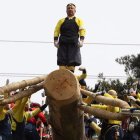 El riesgo de ser aplastado por el enorme tronco es real. Los participantes se juegan la vida.