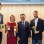 La nadadora Mireia Belmonte y los jugadores Pau Gasol, Juan Carlos Navarro y Víctor Claver en el palco del Camp Nou.