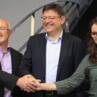 Antonio Montiel (Podemos), Ximo Puig (PSOE) y Mónica Oltra (Compromís)