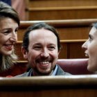 Yolanda Díaz, Pablo Iglesias e Irene Montero