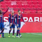 Dembele, celebrando uno de sus últimos goles con el Barcelona.