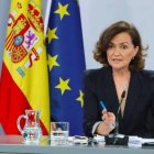 La vicepresidenta Carmen Calvo, este martes tras el Consejo de Ministros.