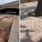 Fuentes abandfonadas y pavimento roto en el tramo del Jardín del Turia que diseño Ricardo Bofill