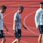 Ferrán Torres, junto a Luis Enrique y a Álvaro Morata, en una reciente concentración de la selección.