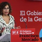 La vicesecretaria general del PSOE, María Jesús Montero, en su última rueda de prensa en Ferraz.