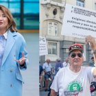 La ministra de Transportes, Raquel Sánchez, y un manifestante durante una concentración para exigir un tren digno para Extremadura.