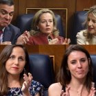 El presidente del Gobierno, Pedro Sánchez, y las ministras Nadia Calviño (Economía), Yolanda Díaz (Trabajo), Ione Belarra (Derechos Sociales) e Irene Montero (Igualdad)