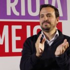 Alberto Garzón, líder de IU, en un reciente acto de la campaña electoral del 28M