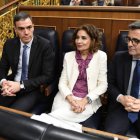 Sánchez, Montero y Bolaños en el Pleno del Congreso, en un debate sobre la ley de amnistía