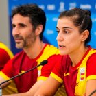 Carolina Marin en una rueda de prensa previa a su debut en París 2024