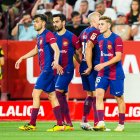 Los jugadores del Barcelona, celebrando un gol.