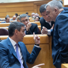 Pedro Sánchez conversa con Santos Cerdán, entre otros, en el Senado.