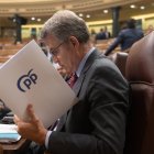 El presidente del Partido Popular, Alberto Núñez Feijóo, antes de una sesión en el Congreso de los Diputados.