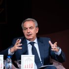 El expresidente del Gobierno, José Luis Rodríguez Zapatero, durante la presentación del libro 'La democracia y sus derechos'.