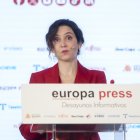 La presidenta de la Comunidad de Madrid, Isabel Díaz Ayuso, interviene durante un desayuno informativo de Europa Press, en el Hotel Rosewood Villa Magna, a 24 de marzo de 2025, en Madrid (España).
